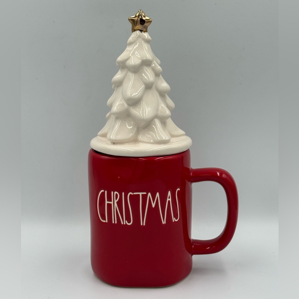 Rae Dunn Red Christmas Stoneware Mug with White Tree Topper - Picture 1 of 9